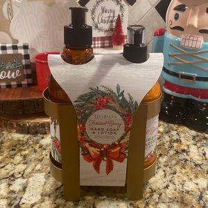 Livegreen Frosted Berry hand soap and lotion in copper colored holder.